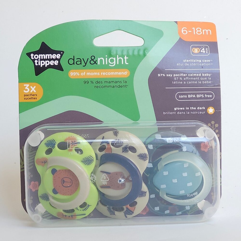 3-pack Tommee Tippee Day & Night pacifiers for babies aged 6-18 months BNIP